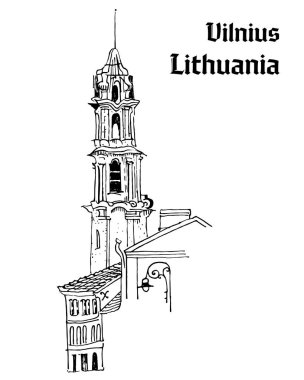 Eski şehir motifi. Vilnius, Litvanya. Çan kulesi, ortaçağ evleri, sokak feneri. Baltık devletleri dönüm noktası. Kartpostal, boyama sayfası. Yazıtlı el çizilmiş kabataslak stil mürekkepli kalem illüstrasyon.