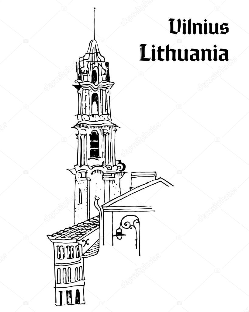 Old town motif. Vilnius, Lithuania. Bell tower, medieval houses, street lantern. Baltic states landmark. Postcard, coloring page. Hand drawn sketchy style ink pen illustration with inscription.