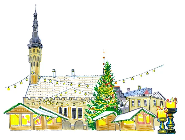 エストニアのタリン市庁舎広場にあるクリスマスマーケット。新年の木、休日の照明、ろうそく、屋根の上の雪。手描きのスケッチスタイルのイラスト。はがき、グリーティングカード、観光. — ストック写真
