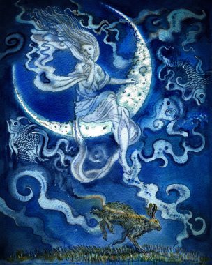 Mavi gökyüzünde hilal ay üzerinde oturan tanrıça. Bir tavşan ve balık burcu sembolü. El çizimi suluboya çizimi. Tarot kartı, mecazi kart, fantezi sanatı, folklor, mitoloji.