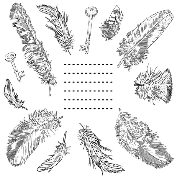 Cadre rond décoratif de plumes et clés dessinées à la main avec un espace pour le texte. Invitation, carte postale, coloriage. — Image vectorielle