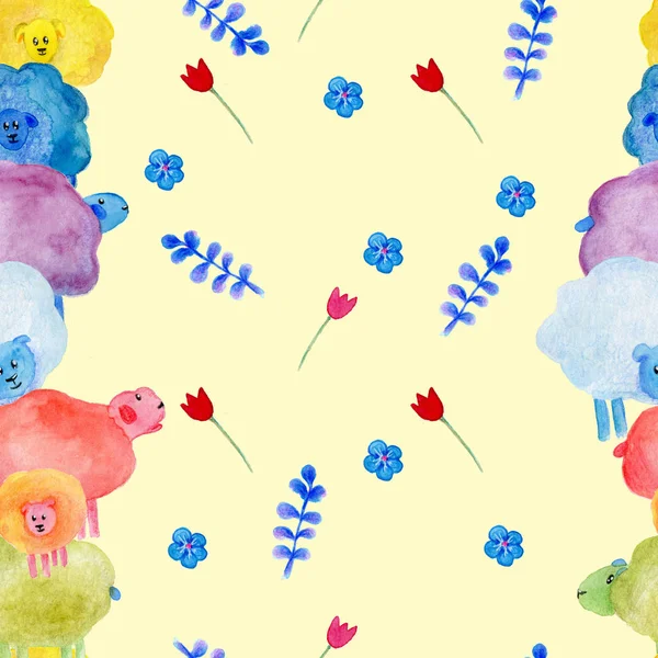 Seamless pattern with watercolor cute sheeps, flowers and stars illustrations, Hand drawn background about sheeps for use card, cotton, fabric, banner, panel, banner, invitation, decoration kids rooms