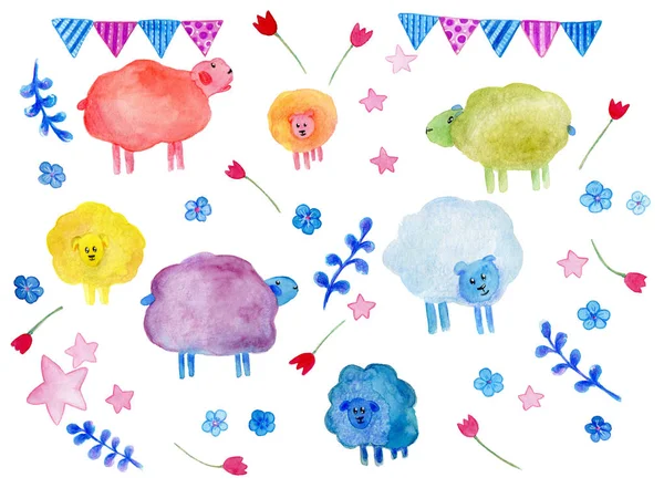 Watercolor hand drawn set of cartoon sheep with elements: flowers, stars, sheeps, leaf, small flags. Illustration with rainbow lambs, red tulip, blue flowers, pink star for use on card, decor, textile