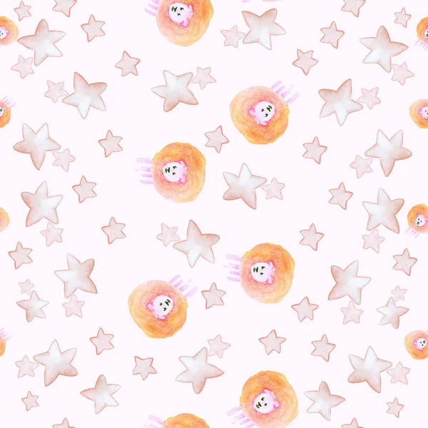 Seamless pattern with watercolor cute sheeps and stars. Background about sheeps for use card, cotton, fabric, banner, panel, banner, invitation, decoration kids rooms, scrapbooking paper, wallpaper.