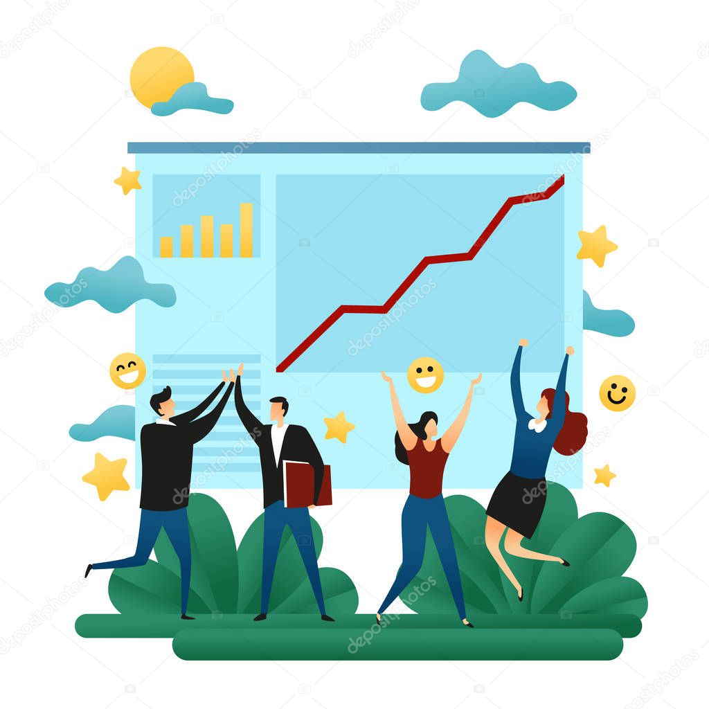 Office Cooperative Teamwork. Happy Business People. Success Planing. Line Growth Direction to a Successful Path. Execution of Plan Business Concept Vector Illustration