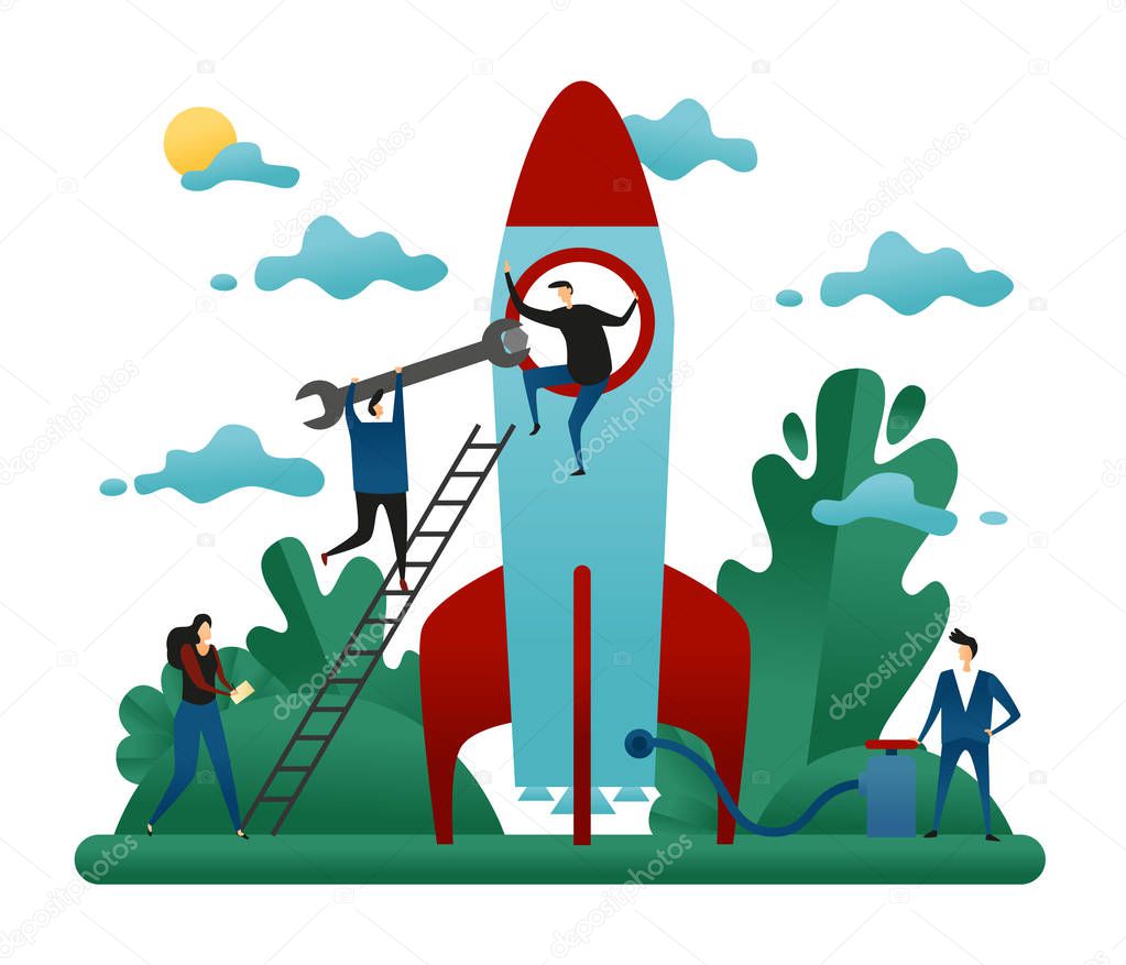 Office Cooperative Teamwork. People Build Rocket of Success. Business Startup Concept Vector Illustration