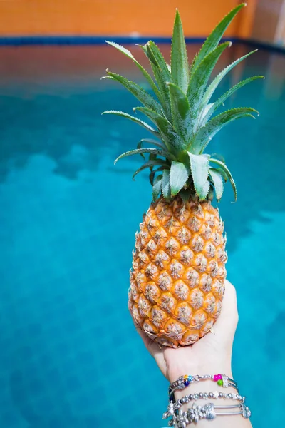 Fresco amarillo piña fruta tropical verano en las manos de la mujer carryi — Foto de Stock