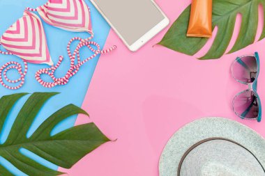 Monstera liana, asma üstten görünüm natürmort tropikal arka plan