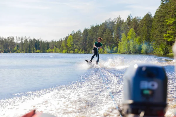 Young Pretty Slim Brunette Woman Wetsuit Riding Wakeboard Wave Motorboat — Stock Photo, Image