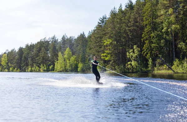 Young Pretty Slim Brunette Woman Wetsuit Riding Wakeboard Wave Motorboat — Stock Photo, Image