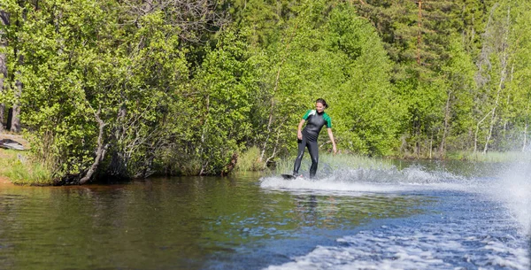 Young Pretty Slim Brunette Woman Wetsuit Riding Wakeboard Wave Motorboat — Stock Photo, Image