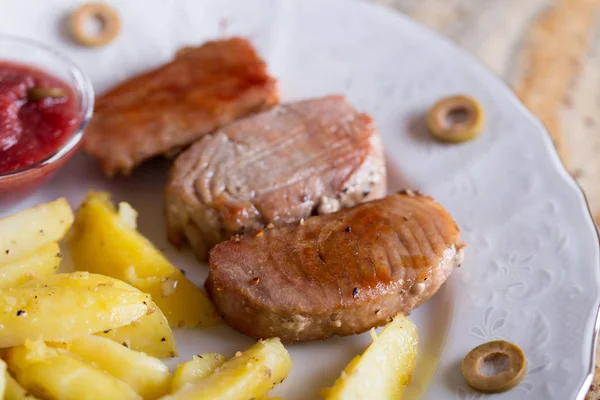 Backed Tuna Fish Fillet Potatos Plate Stone — Stock Photo, Image