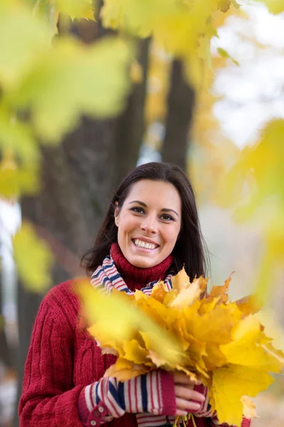 Jovem Mulher Sorridente Com Folhas Bordo Coloridas Parque Outono — Fotografia de Stock