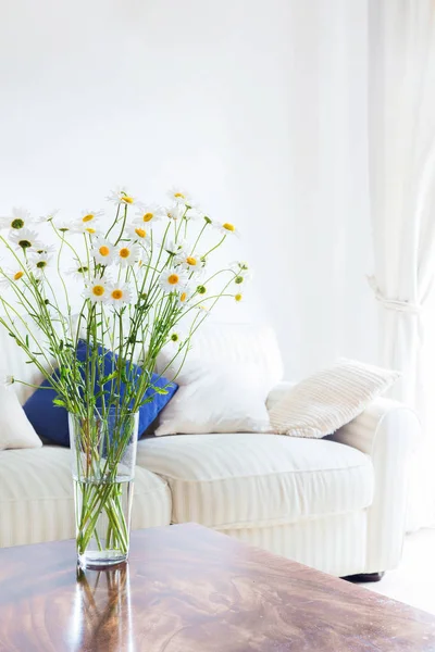 Kanepe önünde beyaz oturma odasında bir masaya mükemmel papatya çiçek