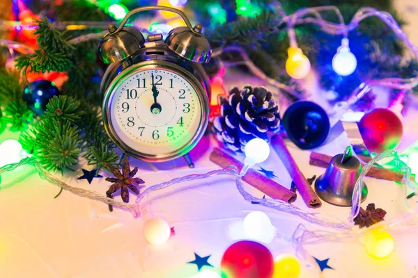 Christmas Countdown New Year Clock Balls Fir Spruce Branches — Stock Photo, Image