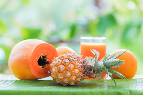 Trópusi Egzotikus Ananász Papaya Gyümölcs Smoothie Üveg Rázza Ital Szabadban Stock Kép