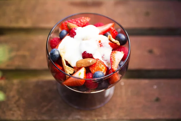 Färsk Yoghurt Med Frukt Och Müsli Frukost — Stockfoto