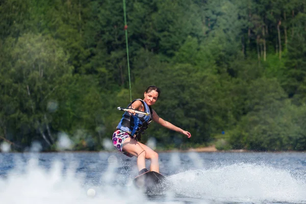 Young Pretty Slim Brunette Woman Riding Wakeboard Wave Motorboat Summer — Stock Photo, Image