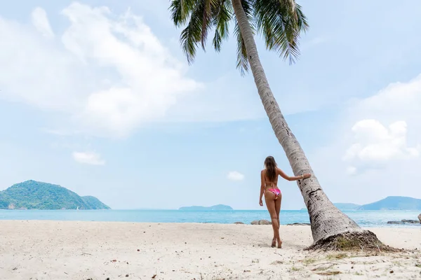 Junge Schlanke Frau Palmennähe Einem Weißen Tropischen Strand — Stockfoto