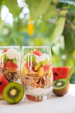 Meyve kesim ile taze ev yapımı tropikal egzotik granola müsli yoğurt kahvaltı