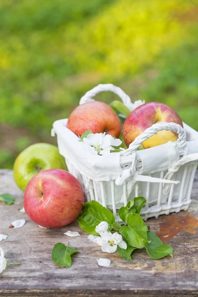 Čerstvá sladká šťavnatá červená a zelená jablka s květinami na dřevěném pozadí — Stock fotografie