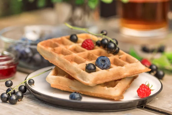 Fresh homemade waffles with blackberries, Jam, tea, leaves, berries Royalty Free Stock Images