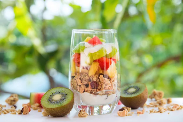 Fresco casero tropical exótico granola muesli yogur desayuno con cortes de frutas — Foto de Stock