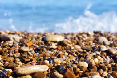 Deniz taşları ve deniz kabukları deniz ve mavi bir arka plan üzerinde sahil şeridi