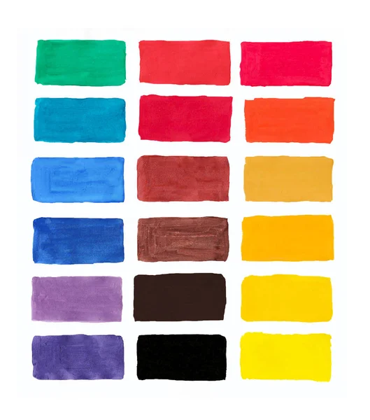 Acuarela colores sobre papel, paleta de gouache, todos los colores del arco iris lista de colores de flores cuadrados —  Fotos de Stock