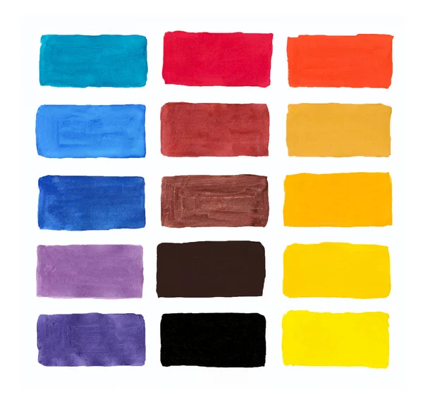 Watercolor colors on paper, palette of gouache, all the colors of the rainbow colors list of flowers squares — Stock Photo, Image