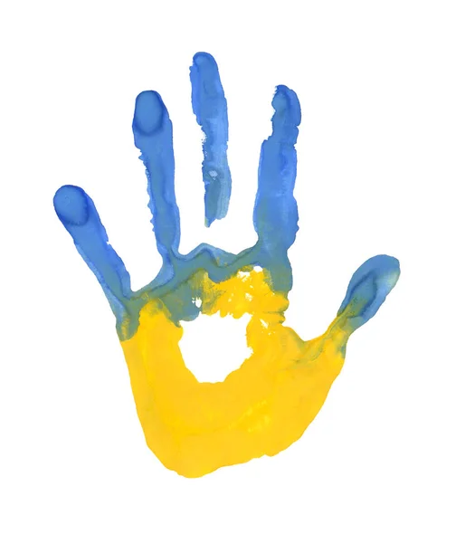 Отпечаток руки в виде флага Украины. голубой и желтый цвет флага — стоковое фото