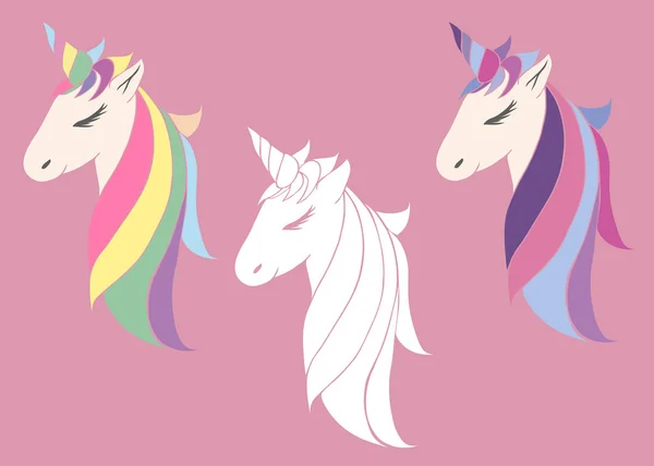Set unicorn merah muda vektor indah untuk anak perempuan, meriah ungu untuk ulang tahun. kepala unicorn dengan surai tanduk - Stok Vektor