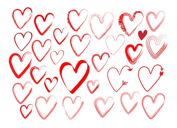 Aantal harten met een borstel, met de hand tekenen. Vector grunge stijl iconen. Hou van symbool met droge penseel schilderij — Stockvector