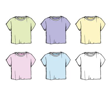 T-shirt Moda kontur çizimi topluluğu. Pastel küme. Moda vektör çizim bir kadın kat. Sonbahar mevsimlik giyim
