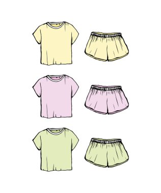 Pijama çizim seti. şort ve tişört. Vektör pijama illüstrasyon izole. Kadınlar s moda pijama