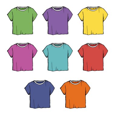 T-shirt moda kontur Illustration koleksiyonu. renk parlak set. Bir kadın ceket moda vektör çizimi.