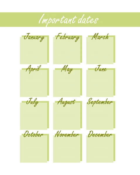 Calendrier universel vert élégant des dates importantes. calendrier isolé avec anniversaires et autres événements sous une forme minimaliste . — Image vectorielle