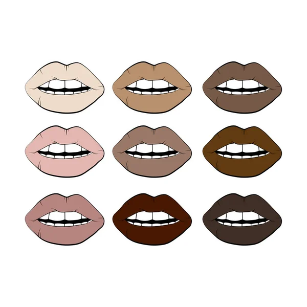 Conjunto de símbolo de labio vectorial multicolor aislado sobre fondo blanco. ilustración de icono lineal. Dibujo de labios naturales beige de mujer — Archivo Imágenes Vectoriales