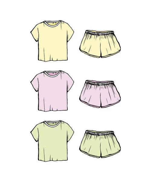 Pijama çizim seti. şort ve tişört. Vektör pijama illüstrasyon izole. Kadınlar s moda pijama