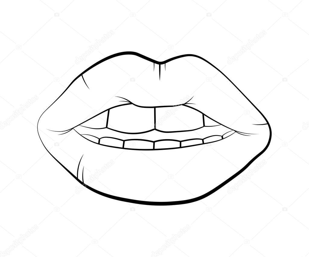Woman's lips drawing. Vector lip symbol isolated on white background. kiss black lip contour. linear icon illustration.