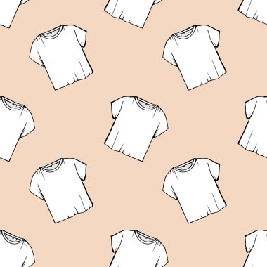 vektör beyaz t-shirt seamless modeli. Çamaşırhane tasarım. geçiş izni Kuru Temizleme. Ambalaj. Çizim net beyaz t-shirt. bej renkli arka plan