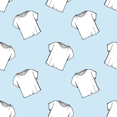 vektör beyaz t-shirt seamless modeli. Çamaşırhane tasarım. geçiş izni Kuru Temizleme. Ambalaj. Çizim net beyaz t-shirt. mavi arka plan