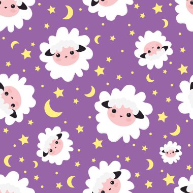 Rüyalar desen uyku. vektör çizim sorunsuz koyun hayvan. yıldızlı gökyüzü şirin koyun kızlarla için mor şablon. Tekstil tasarımı, duvar kağıtları, arka planlar ve baskı, ambalaj