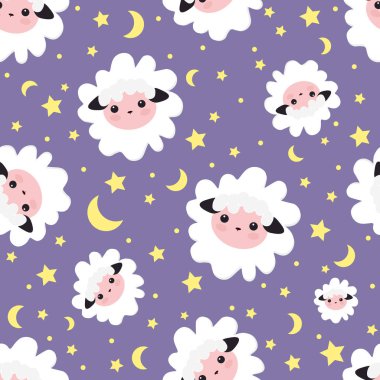 Rüyalar desen uyku. vektör çizim sorunsuz koyun hayvan. yıldızlı gökyüzü şirin koyun kızlarla için mor şablon. Tekstil tasarımı, duvar kağıtları, arka planlar ve baskı, ambalaj