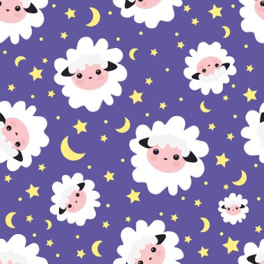 Rüyalar desen uyku. yıldızlı gökyüzü şirin koyun kızlarla için vektör çizim sorunsuz koyun animal.dark mavi şablon. Tekstil tasarımı, duvar kağıtları, arka planlar ve baskı, ambalaj