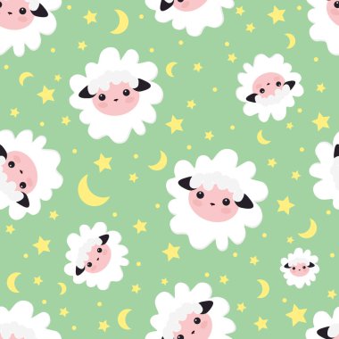 Rüyalar desen uyku. vektör çizim sorunsuz koyun hayvan. yıldızlı gökyüzü şirin koyun kızlarla için yeşil şablon. Tekstil tasarımı, duvar kağıtları, arka planlar ve baskı, ambalaj