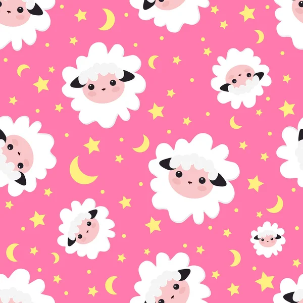 Спящие сны. векторная иллюстрация бесшовное животное овцы. розовый узор для девочек с милыми овцами в звездном небе. Текстильный дизайн, обои, фон и печать, упаковка — стоковый вектор