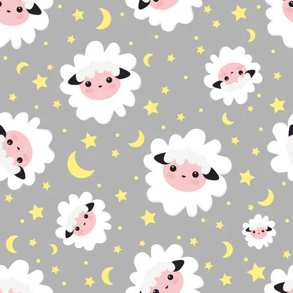 Sleeping dreams pattern. vector illustration seamless sheep animal. gray pattern for girls with cute sheep in the starry sky . Textile design, wallpapers, backgrounds and prints, packaging — Stock Vector