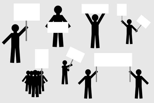 strike protest of people with posters. silhouette of simple isolated people with posters