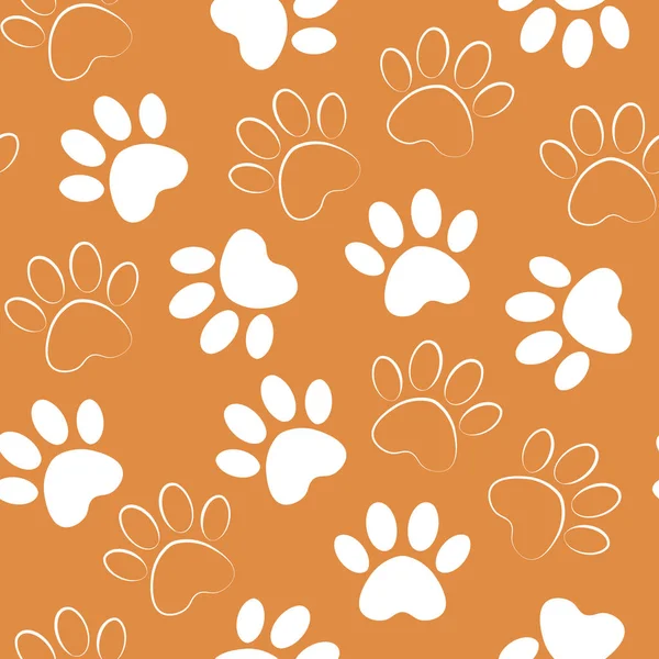 Tass print sömlös. Vektor illustration djur tass spår orange mönster. bakgrund med silhuetter av katt eller hund fotavtryck. — Stock vektor